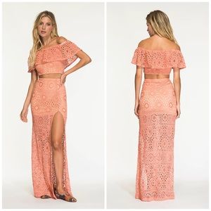 NIGHTCAP *Mermaid* coral crochet lace 2 piece off shoulder crop top maxi skirt M